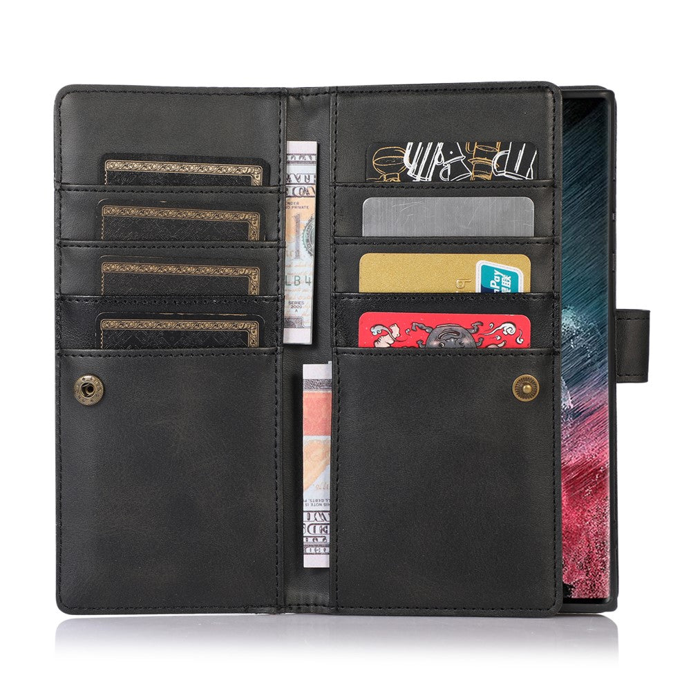 For Samsung Galaxy S22 Ultra 5G Wrist Strap Magnetic Clasp Anti-fall Protection Case Split Leather Stand Phone Cover with Multiple Card Slots