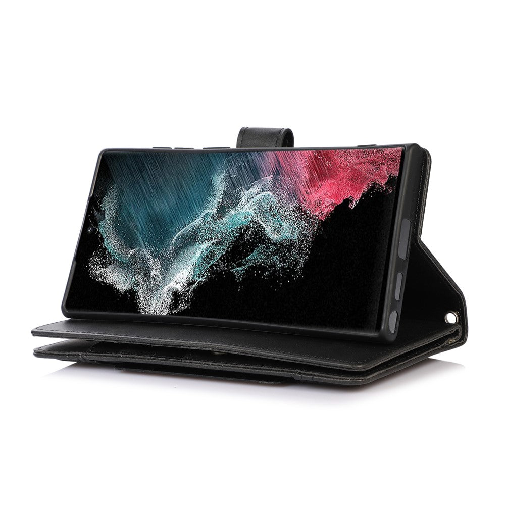For Samsung Galaxy S22 Ultra 5G Wrist Strap Magnetic Clasp Anti-fall Protection Case Split Leather Stand Phone Cover with Multiple Card Slots