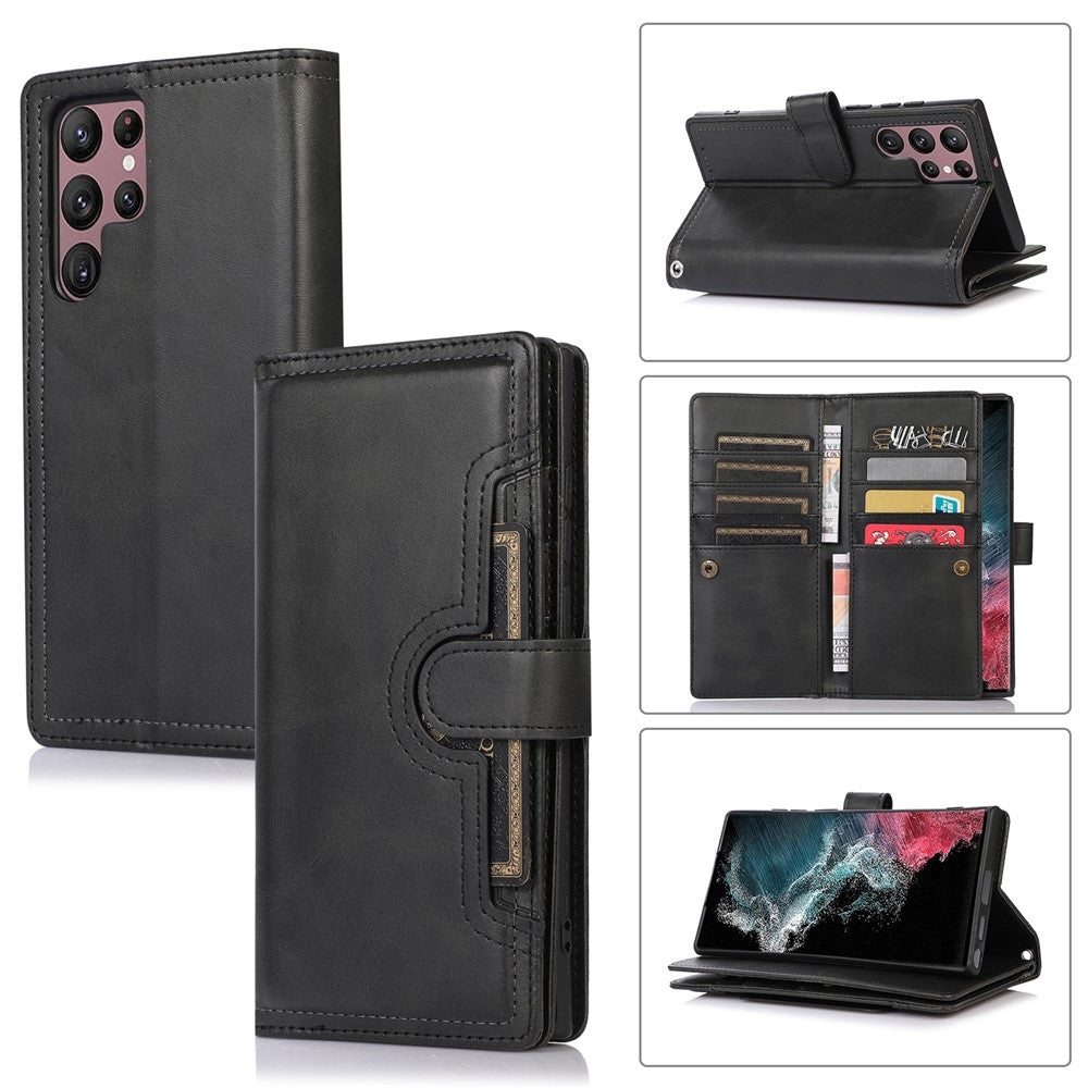 For Samsung Galaxy S22 Ultra 5G Wrist Strap Magnetic Clasp Anti-fall Protection Case Split Leather Stand Phone Cover with Multiple Card Slots