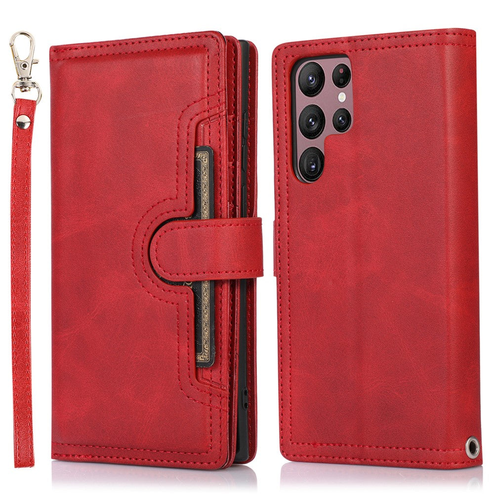 For Samsung Galaxy S22 Ultra 5G Wrist Strap Magnetic Clasp Anti-fall Protection Case Split Leather Stand Phone Cover with Multiple Card Slots