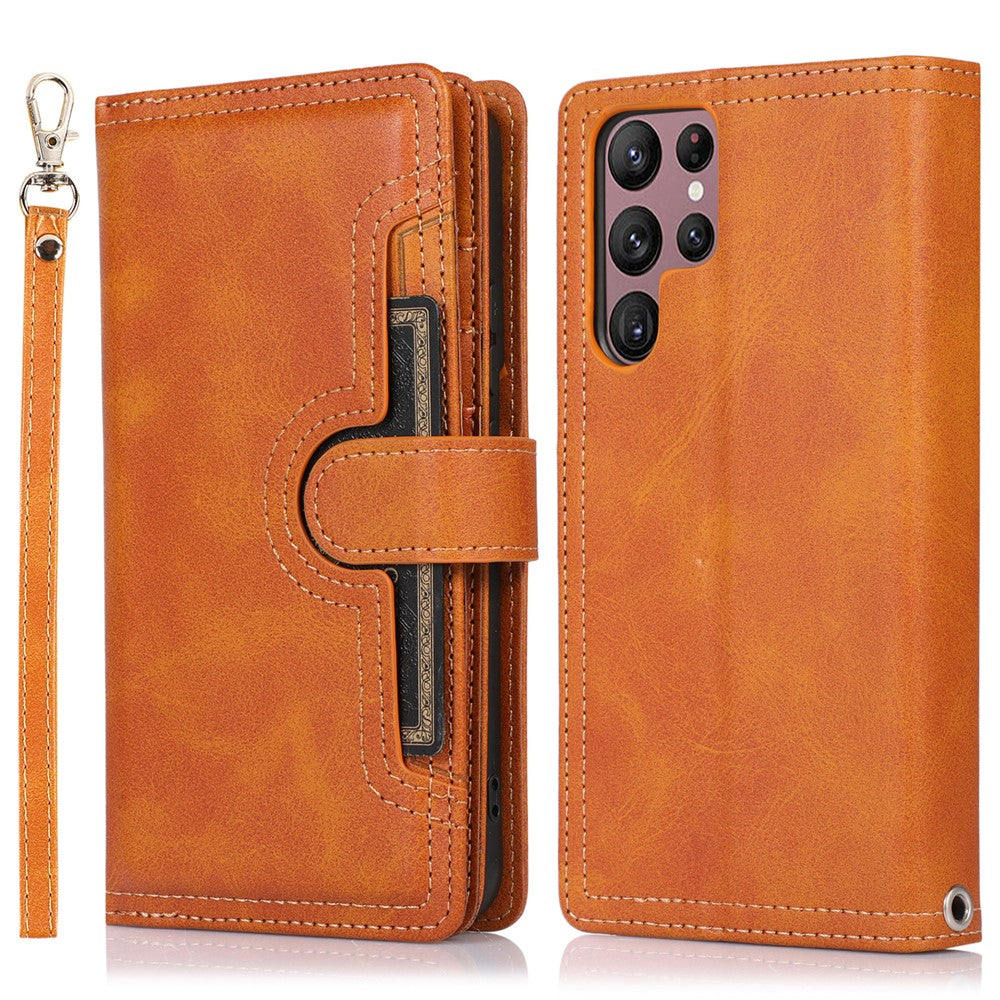 For Samsung Galaxy S22 Ultra 5G Wrist Strap Magnetic Clasp Anti-fall Protection Case Split Leather Stand Phone Cover with Multiple Card Slots