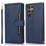 For Samsung Galaxy S22 Ultra 5G Wrist Strap Magnetic Clasp Anti-fall Protection Case Split Leather Stand Phone Cover with Multiple Card Slots