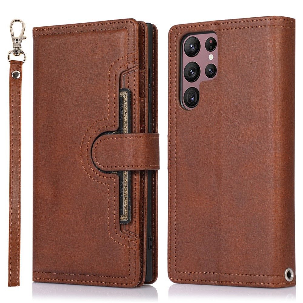 For Samsung Galaxy S22 Ultra 5G Wrist Strap Magnetic Clasp Anti-fall Protection Case Split Leather Stand Phone Cover with Multiple Card Slots