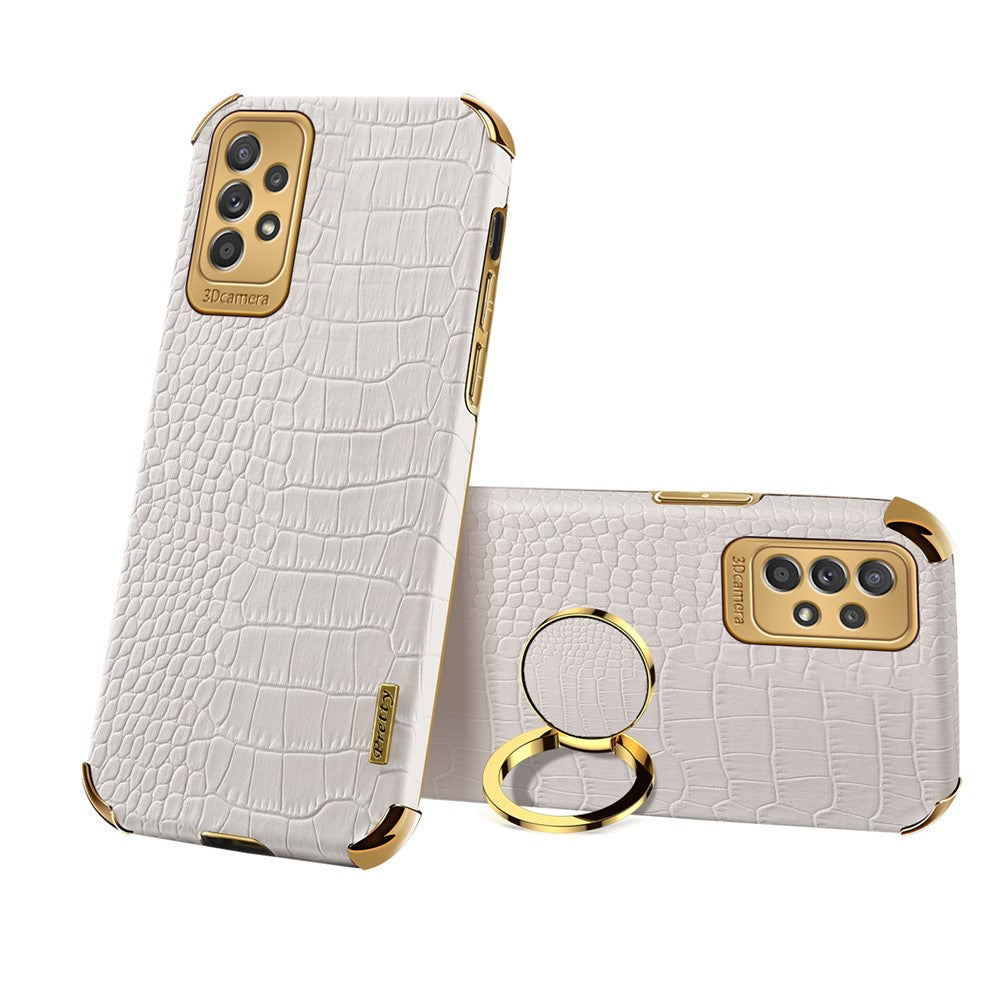 For Samsung Galaxy A73 5G 6D Electroplated Crocodile Texture Case Rotating Finger Ring Kickstand Leather Coated TPU Phone Shell Case