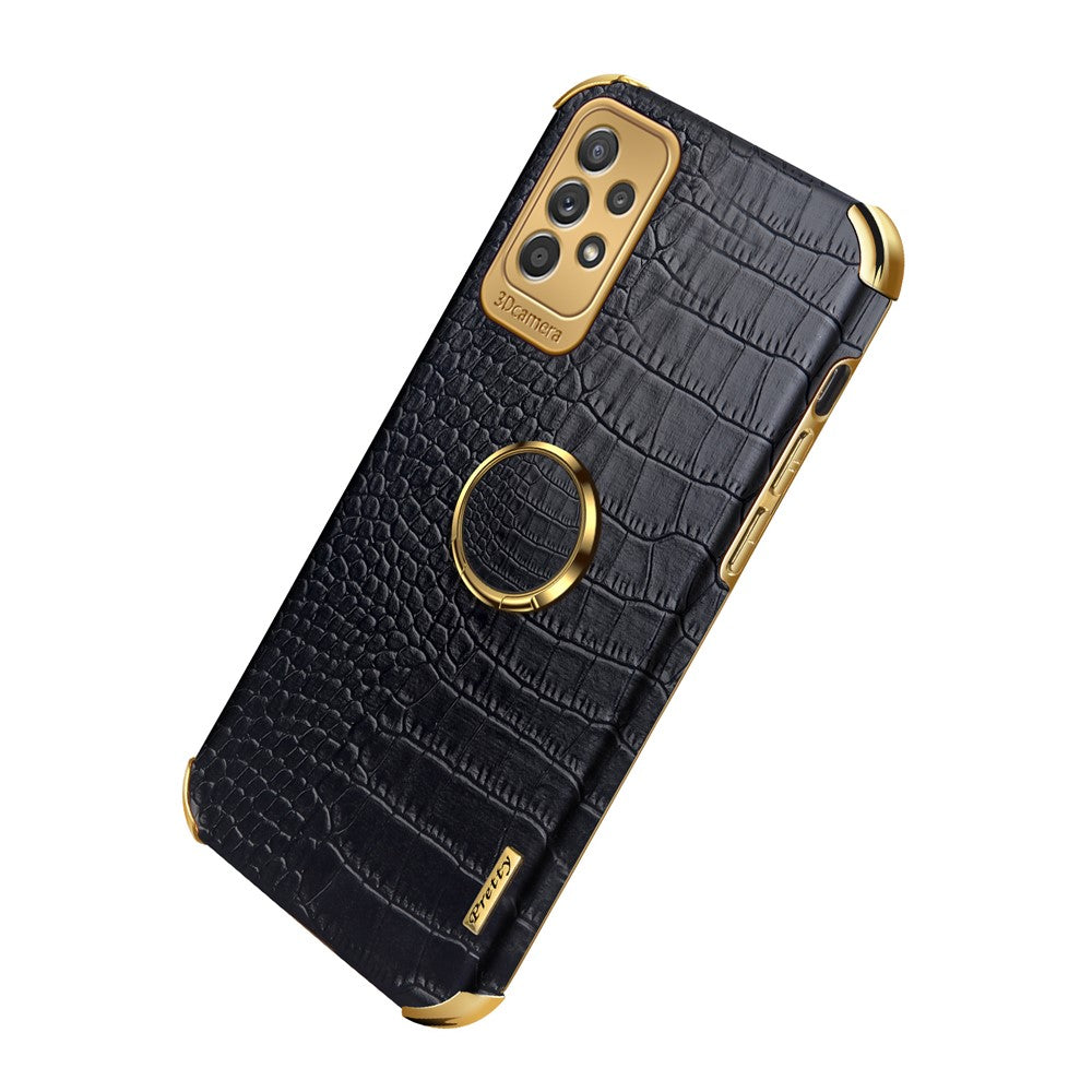 For Samsung Galaxy A73 5G 6D Electroplated Crocodile Texture Case Rotating Finger Ring Kickstand Leather Coated TPU Phone Shell Case