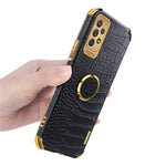 For Samsung Galaxy A73 5G 6D Electroplated Crocodile Texture Case Rotating Finger Ring Kickstand Leather Coated TPU Phone Shell Case