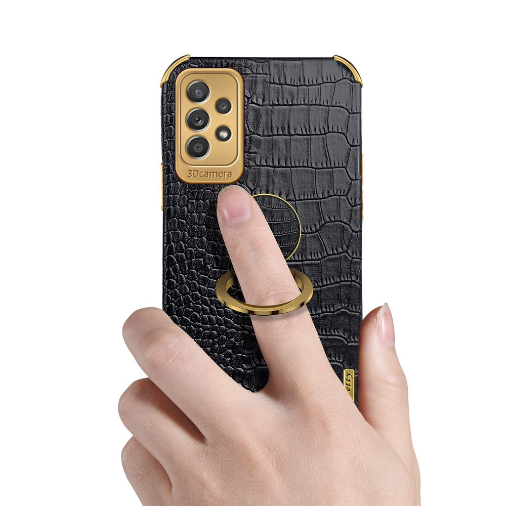 For Samsung Galaxy A73 5G 6D Electroplated Crocodile Texture Case Rotating Finger Ring Kickstand Leather Coated TPU Phone Shell Case