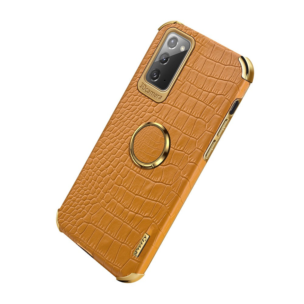 For Samsung Galaxy Note20 5G/4G 6D Electroplated Crocodile Texture Kickstand Phone Case PU Leather Coated TPU Shell