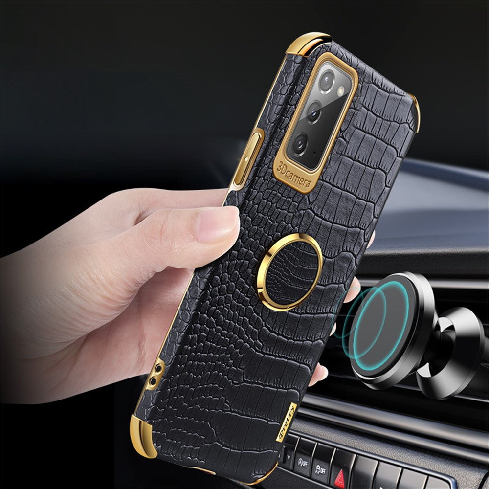 For Samsung Galaxy Note20 5G/4G 6D Electroplated Crocodile Texture Kickstand Phone Case PU Leather Coated TPU Shell