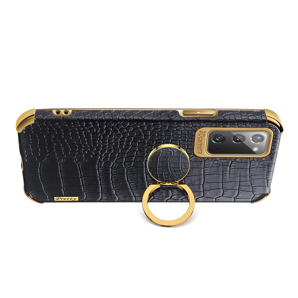 For Samsung Galaxy Note20 5G/4G 6D Electroplated Crocodile Texture Kickstand Phone Case PU Leather Coated TPU Shell