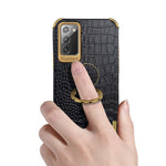 For Samsung Galaxy Note20 5G/4G 6D Electroplated Crocodile Texture Kickstand Phone Case PU Leather Coated TPU Shell