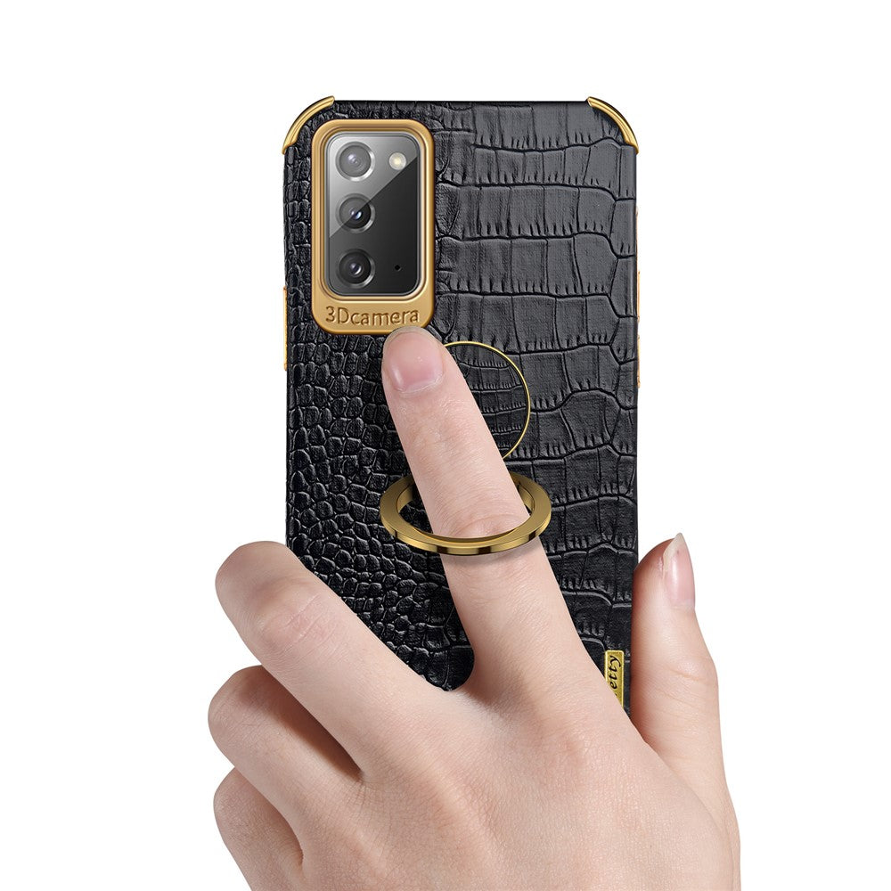 For Samsung Galaxy Note20 5G/4G 6D Electroplated Crocodile Texture Kickstand Phone Case PU Leather Coated TPU Shell
