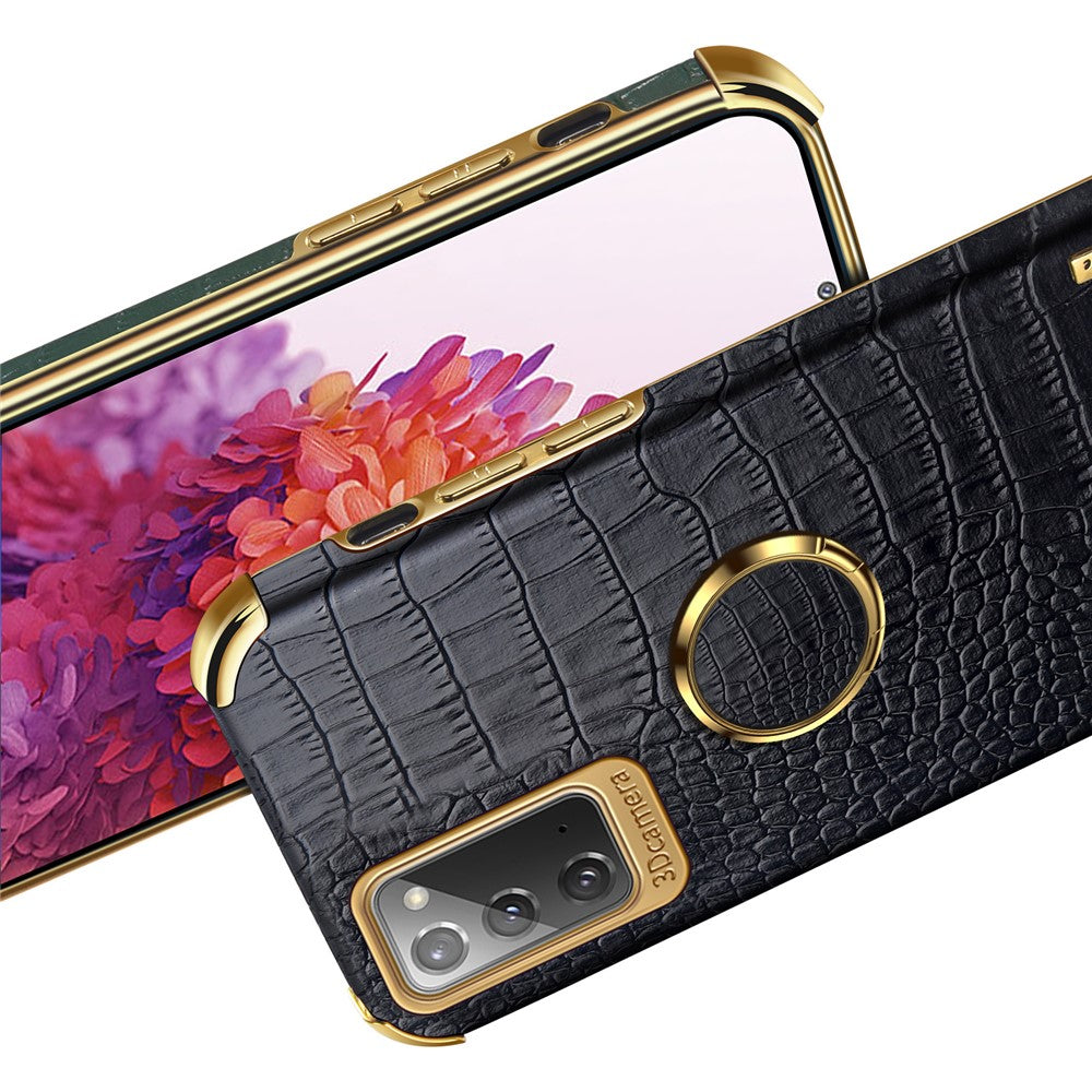 For Samsung Galaxy Note20 5G/4G 6D Electroplated Crocodile Texture Kickstand Phone Case PU Leather Coated TPU Shell