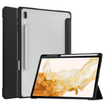 For Samsung Galaxy Tab S8+ Tri-fold Stand PU Leather Tablet Case TPU + Transparent Acrylic Back Cover with Pen Slot