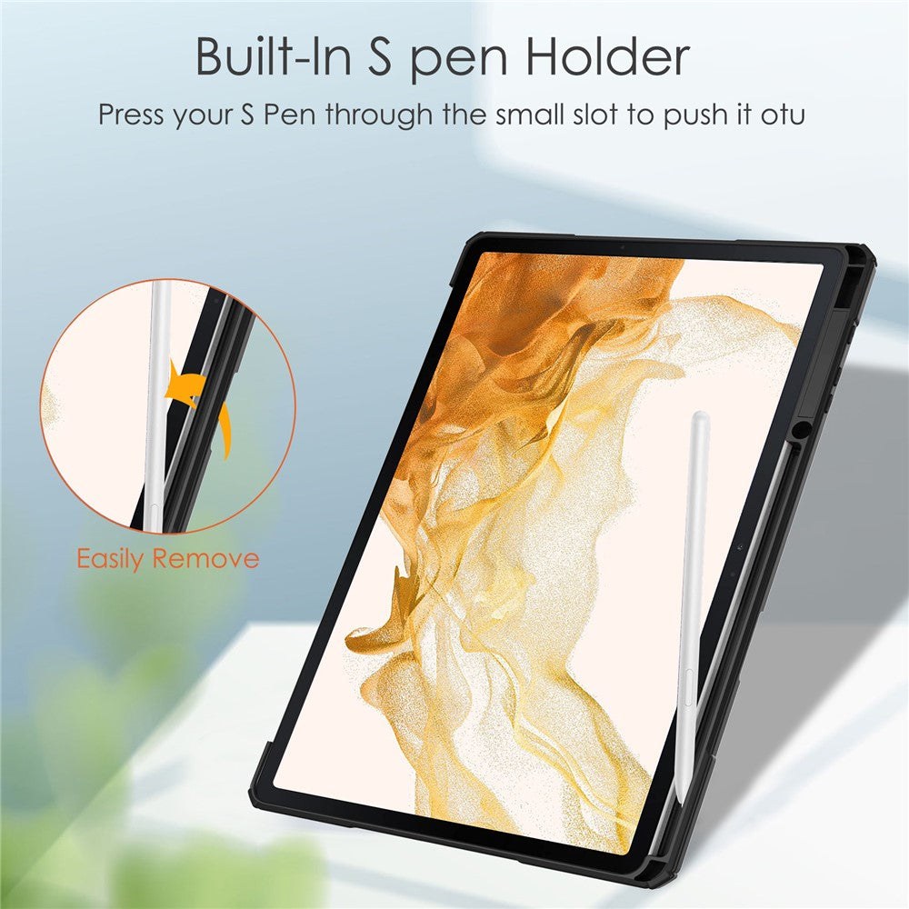 For Samsung Galaxy Tab S8+ Tri-fold Stand PU Leather Tablet Case TPU + Transparent Acrylic Back Cover with Pen Slot