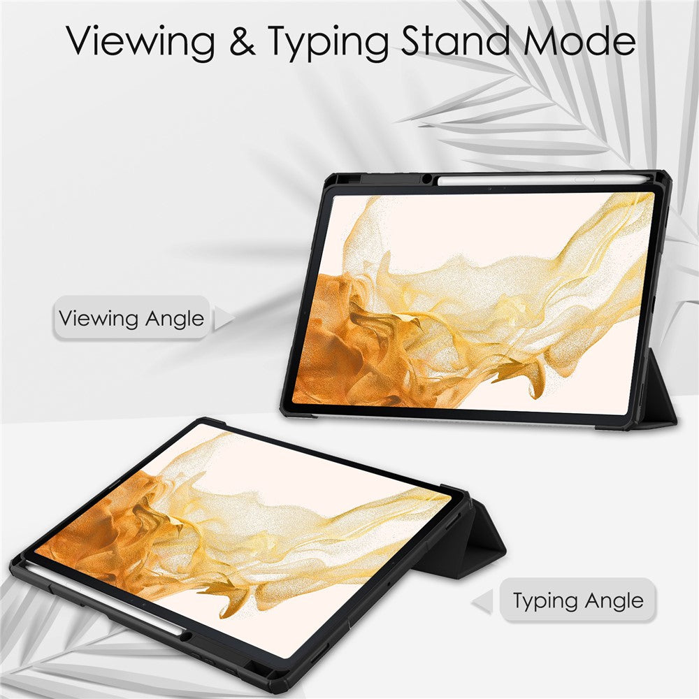 For Samsung Galaxy Tab S8+ Tri-fold Stand PU Leather Tablet Case TPU + Transparent Acrylic Back Cover with Pen Slot
