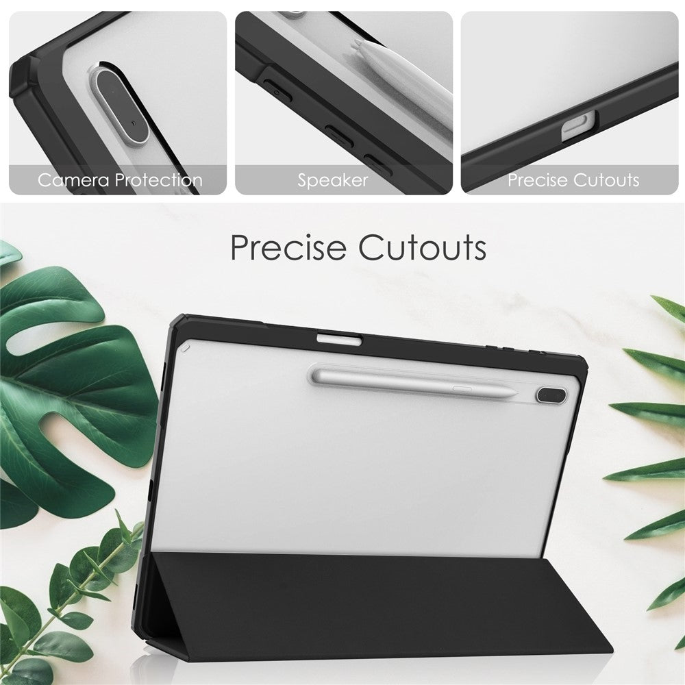 For Samsung Galaxy Tab S8+ Tri-fold Stand PU Leather Tablet Case TPU + Transparent Acrylic Back Cover with Pen Slot