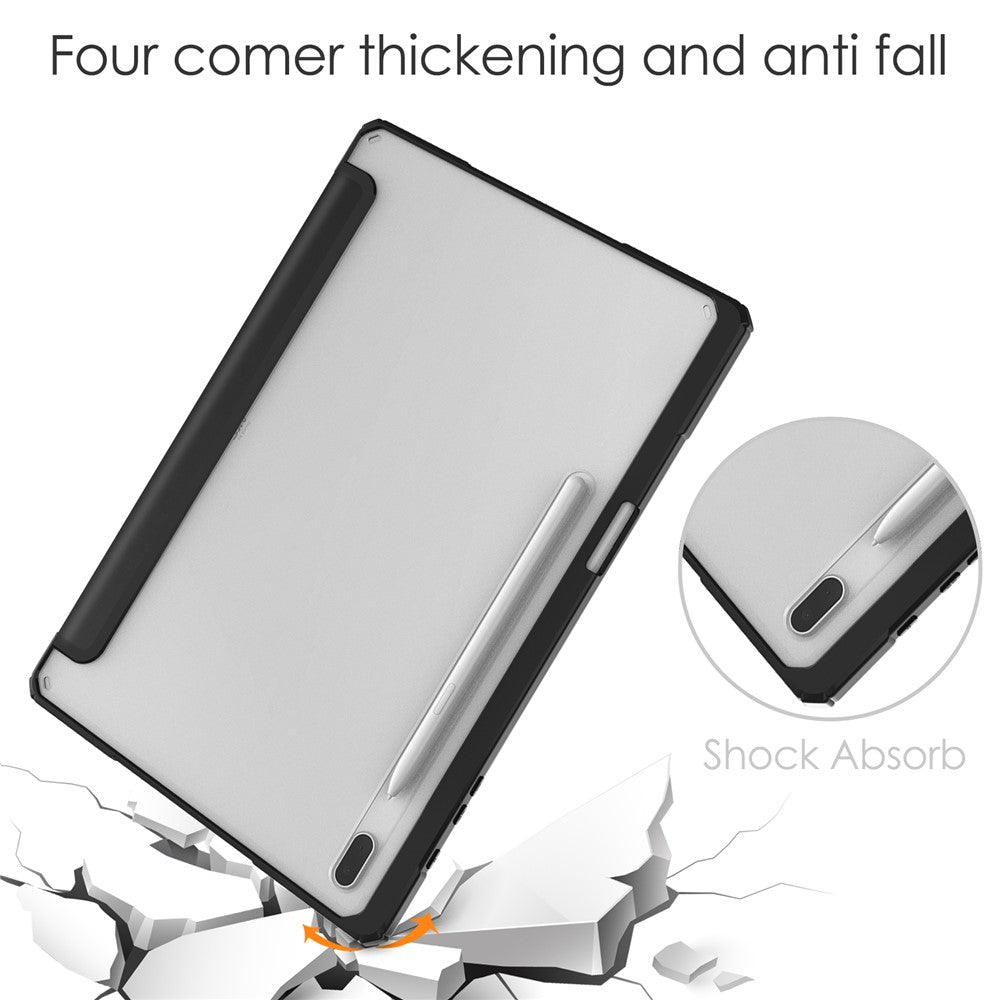 For Samsung Galaxy Tab S8+ Tri-fold Stand PU Leather Tablet Case TPU + Transparent Acrylic Back Cover with Pen Slot