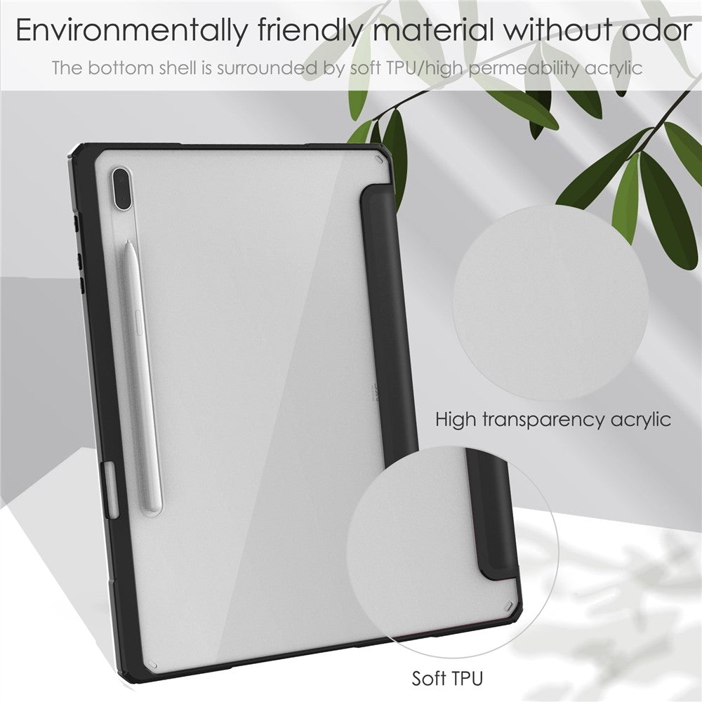 For Samsung Galaxy Tab S8+ Tri-fold Stand PU Leather Tablet Case TPU + Transparent Acrylic Back Cover with Pen Slot