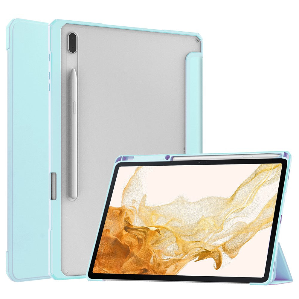 For Samsung Galaxy Tab S8+ Tri-fold Stand PU Leather Tablet Case TPU + Transparent Acrylic Back Cover with Pen Slot