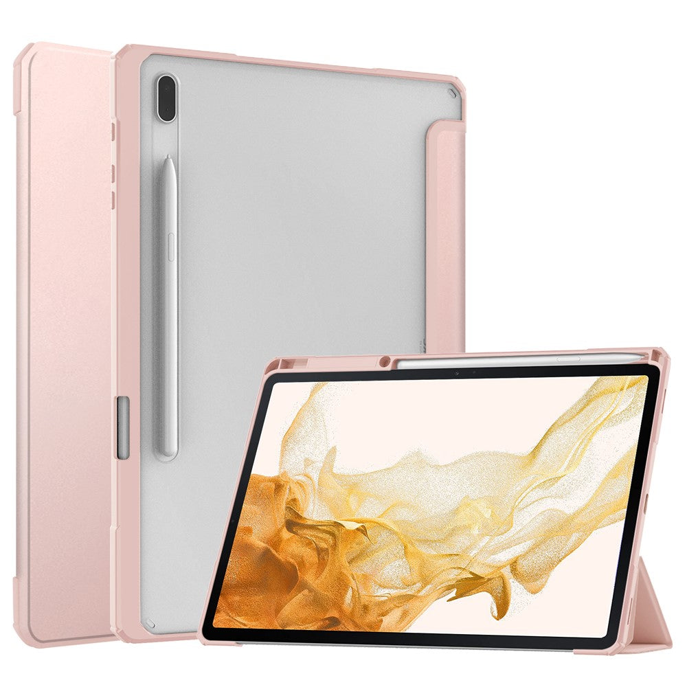 For Samsung Galaxy Tab S8+ Tri-fold Stand PU Leather Tablet Case TPU + Transparent Acrylic Back Cover with Pen Slot