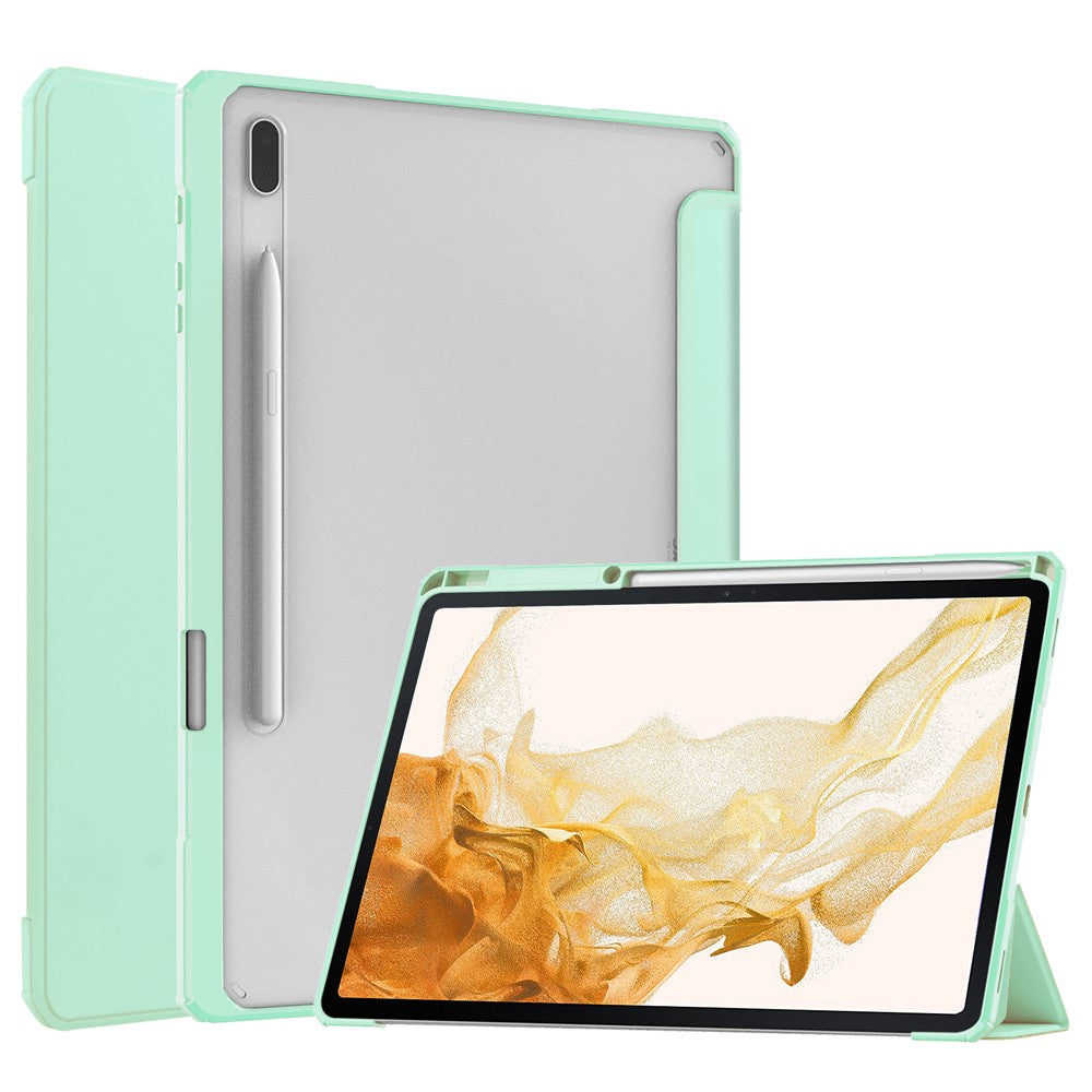 For Samsung Galaxy Tab S8+ Tri-fold Stand PU Leather Tablet Case TPU + Transparent Acrylic Back Cover with Pen Slot