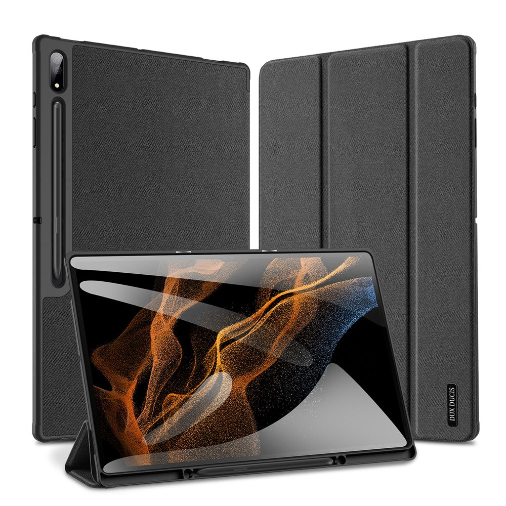 DUX DUCIS DOMO-serien Trifold-stativfodral för Samsung Galaxy Tab S8 Ultra, reptåligt PU-läderfodral med pennhållare och automatisk viloläge/väckning