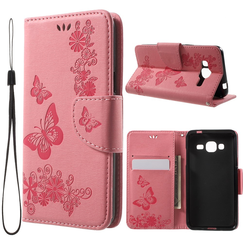 Præg sommerfugleblomster læder kortholder cover til Samsung Galaxy J3 (2016)