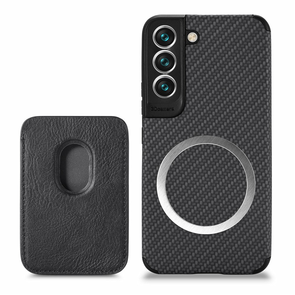 Shockproof Phone Case for Samsung Galaxy S22 5G Carbon Fiber Texture Protective Phone Cover with Detachable Magnetic Card Holder