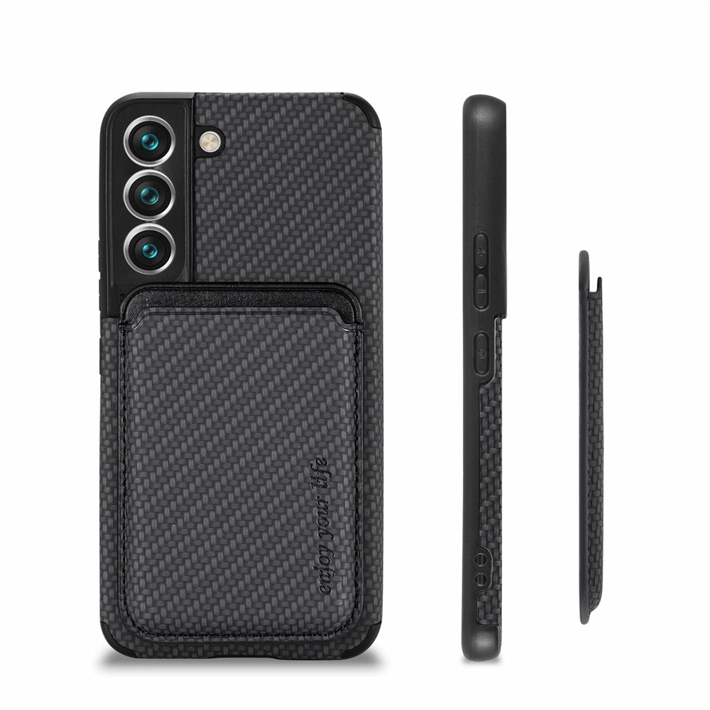 Shockproof Phone Case for Samsung Galaxy S22 5G Carbon Fiber Texture Protective Phone Cover with Detachable Magnetic Card Holder
