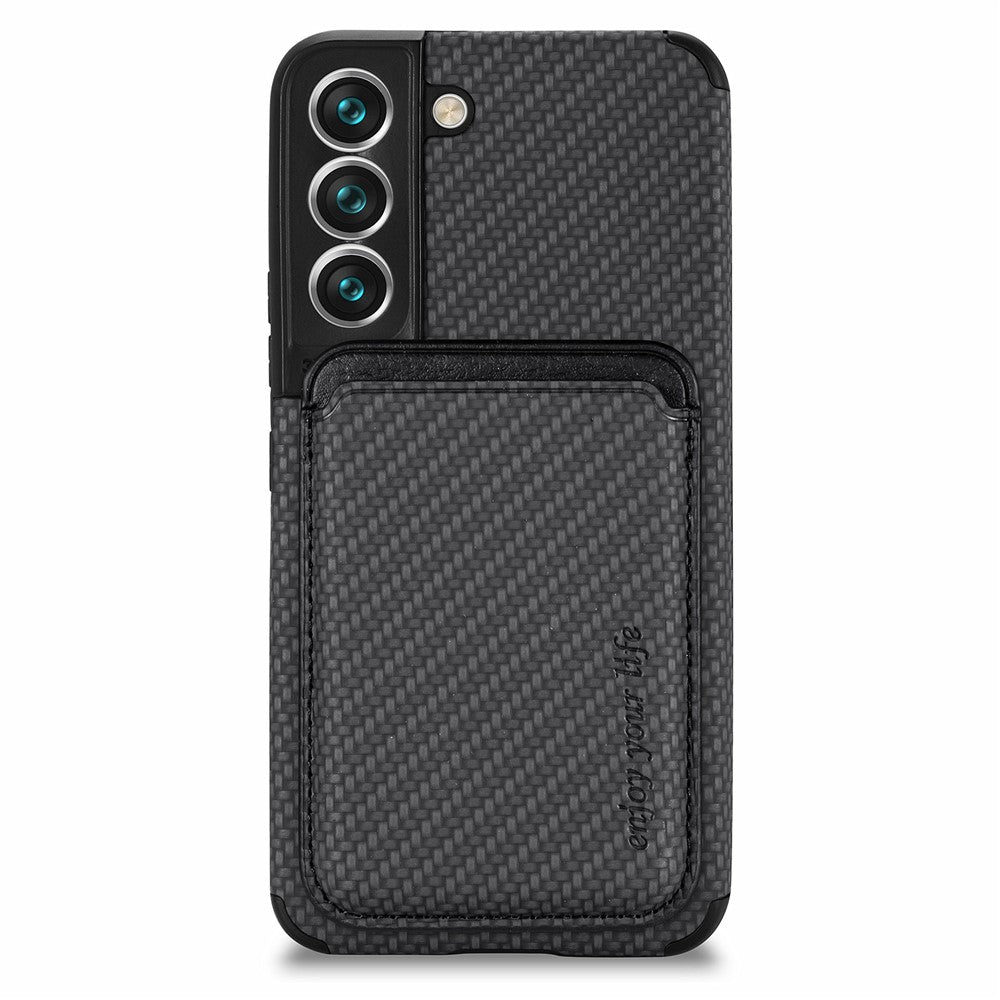 Shockproof Phone Case for Samsung Galaxy S22 5G Carbon Fiber Texture Protective Phone Cover with Detachable Magnetic Card Holder