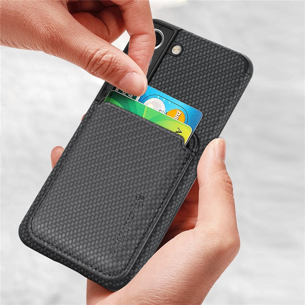 Shockproof Phone Case for Samsung Galaxy S22 5G Carbon Fiber Texture Protective Phone Cover with Detachable Magnetic Card Holder