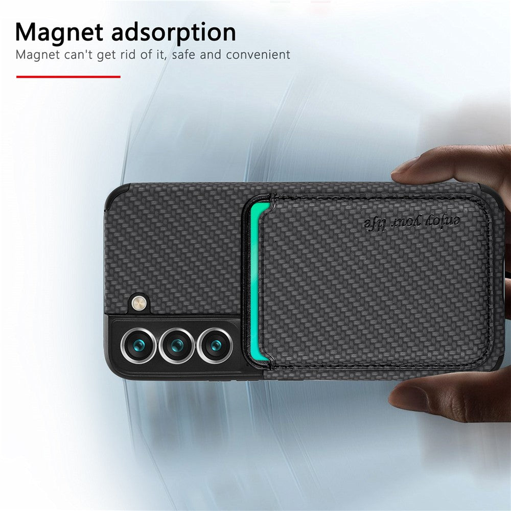 Shockproof Phone Case for Samsung Galaxy S22 5G Carbon Fiber Texture Protective Phone Cover with Detachable Magnetic Card Holder