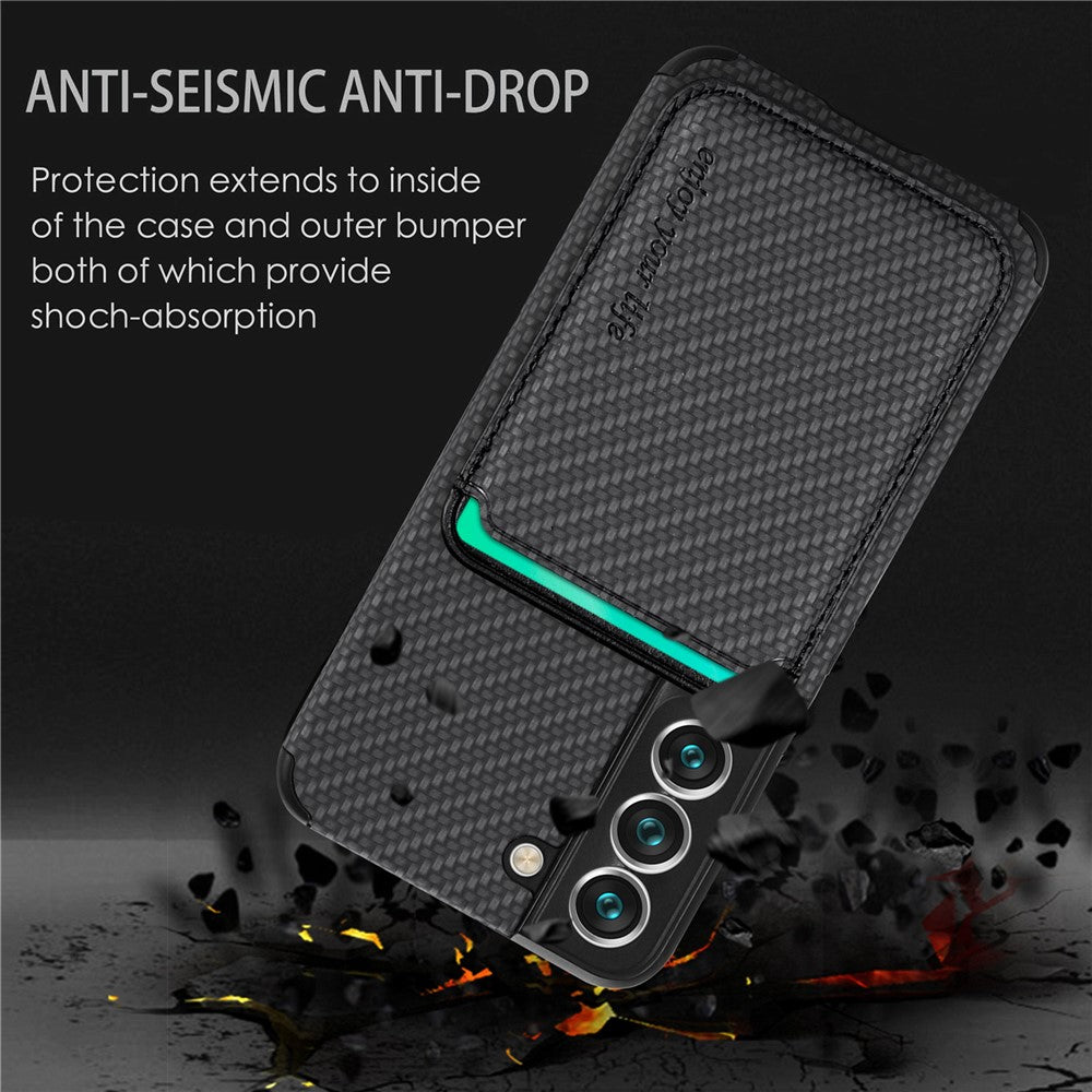 Shockproof Phone Case for Samsung Galaxy S22 5G Carbon Fiber Texture Protective Phone Cover with Detachable Magnetic Card Holder