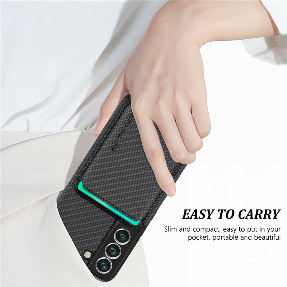 Shockproof Phone Case for Samsung Galaxy S22 5G Carbon Fiber Texture Protective Phone Cover with Detachable Magnetic Card Holder