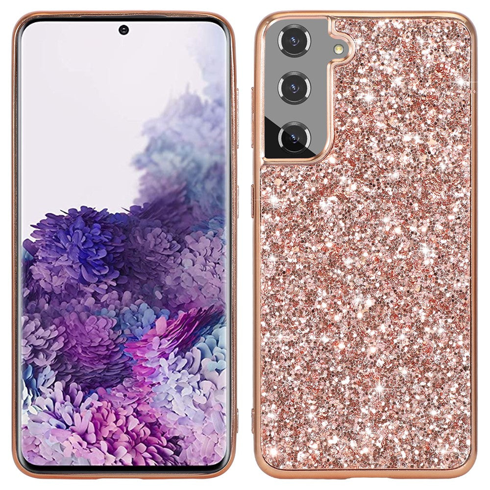 For Samsung Galaxy S22+ 5G Glitter Sequins Case Electroplating TPU Frame + Hard PC Back Dual Layer Hybrid Cover