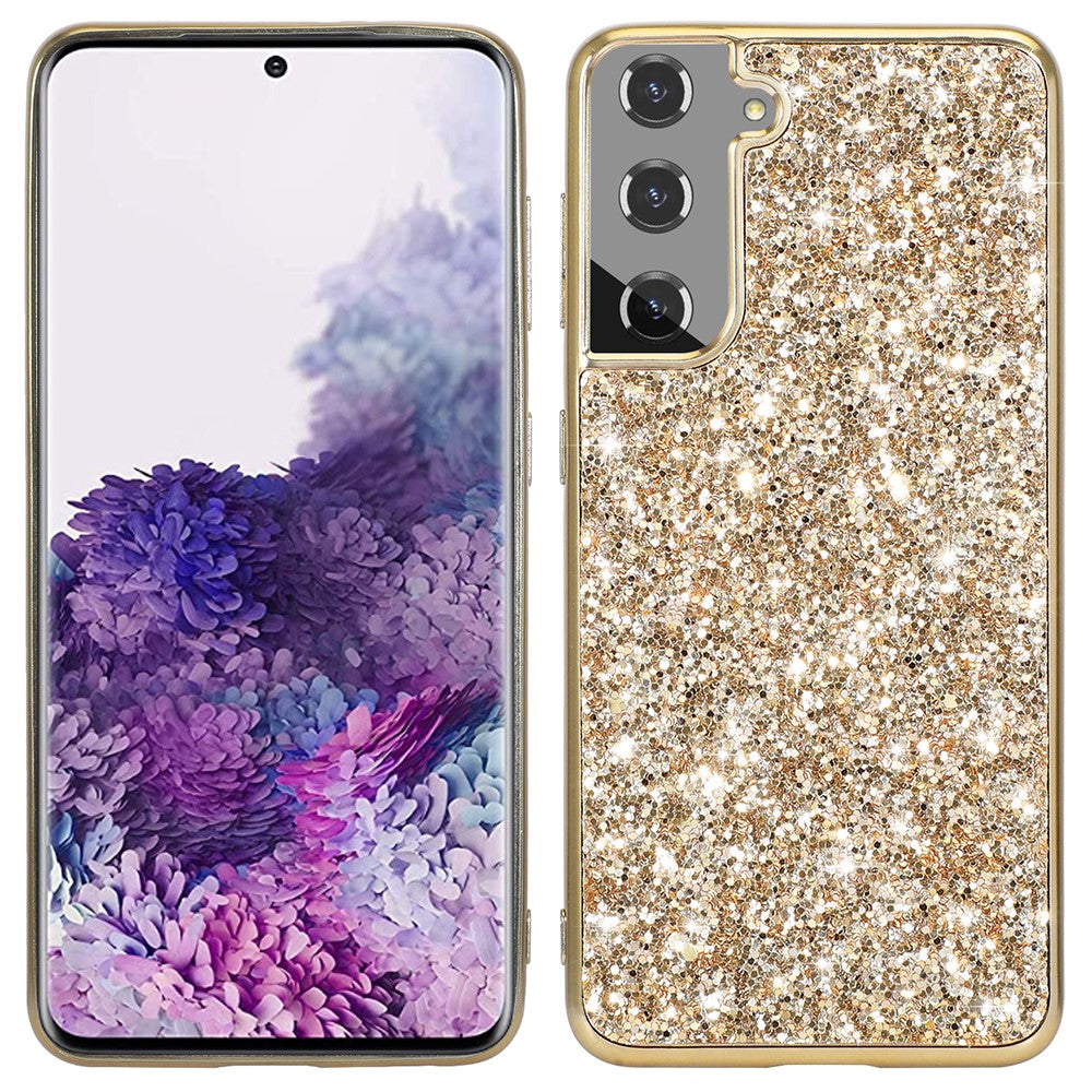For Samsung Galaxy S22+ 5G Glitter Sequins Case Electroplating TPU Frame + Hard PC Back Dual Layer Hybrid Cover