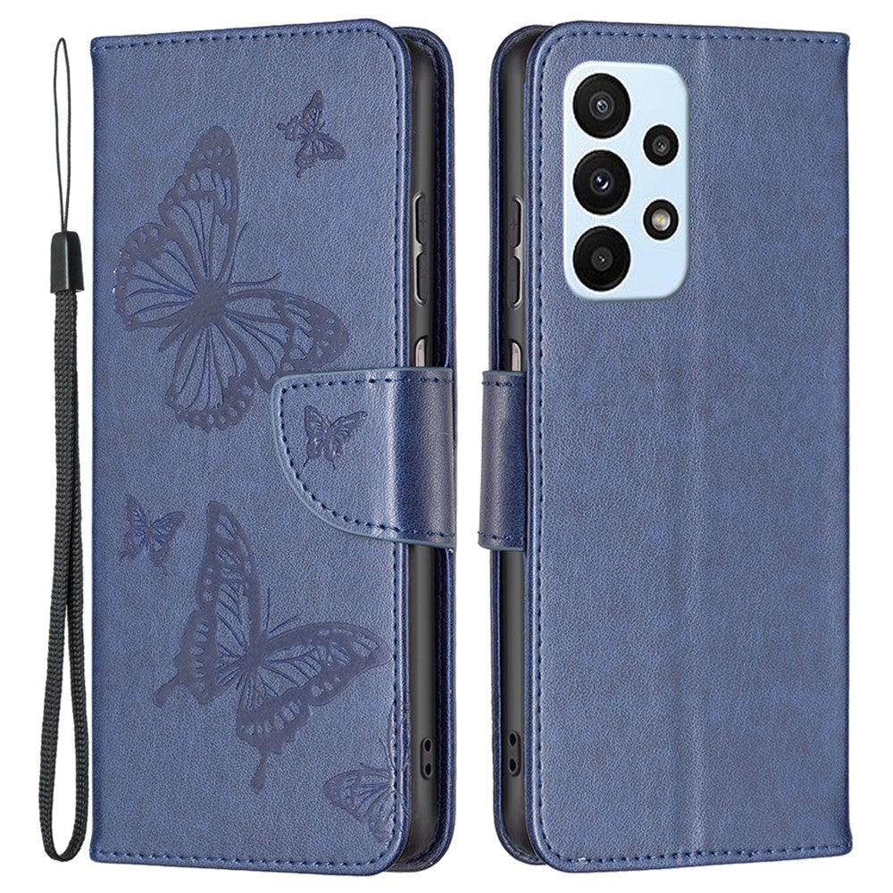 For Samsung Galaxy A23 4G / 5G (Global Version) Butterfly Imprinted Phone Case Anti-Drop PU Leather Wallet Stand Cover with Hand Strap