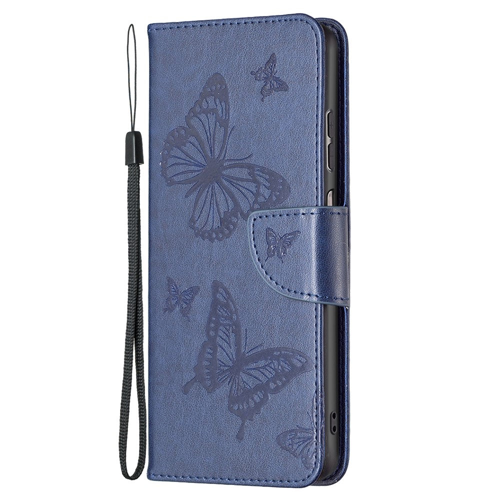 For Samsung Galaxy A23 4G / 5G (Global Version) Butterfly Imprinted Phone Case Anti-Drop PU Leather Wallet Stand Cover with Hand Strap