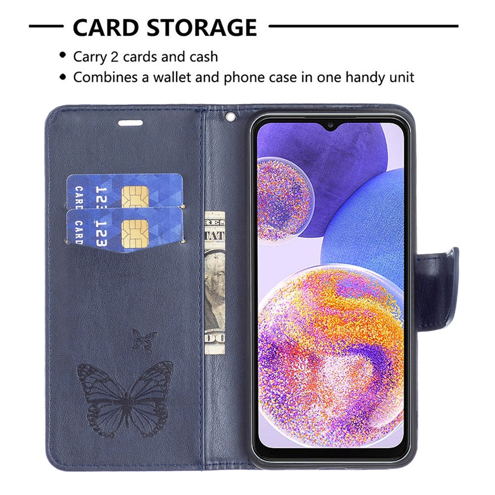 For Samsung Galaxy A23 4G / 5G (Global Version) Butterfly Imprinted Phone Case Anti-Drop PU Leather Wallet Stand Cover with Hand Strap