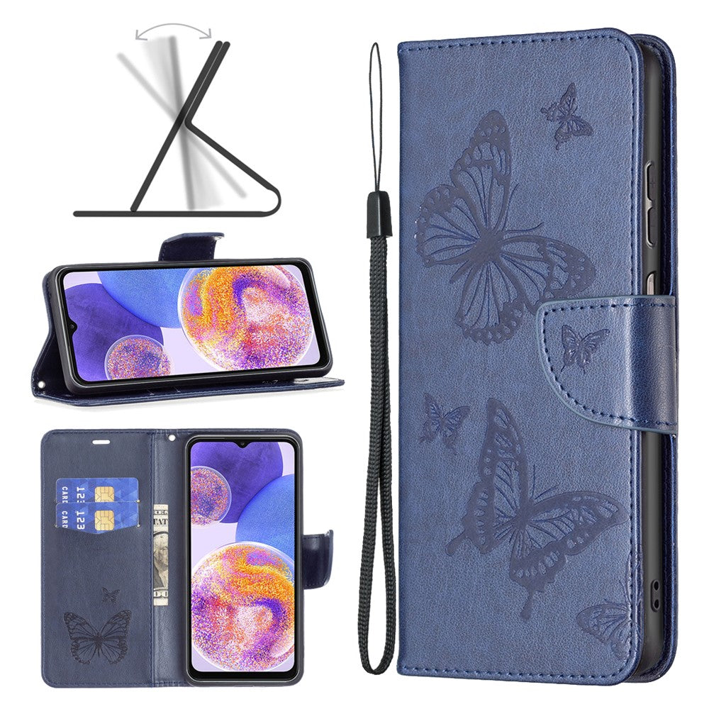 For Samsung Galaxy A23 4G / 5G (Global Version) Butterfly Imprinted Phone Case Anti-Drop PU Leather Wallet Stand Cover with Hand Strap