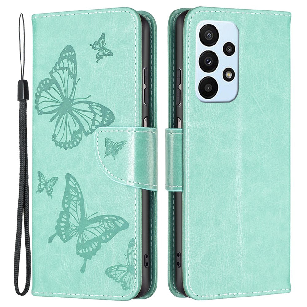 For Samsung Galaxy A23 4G / 5G (Global Version) Butterfly Imprinted Phone Case Anti-Drop PU Leather Wallet Stand Cover with Hand Strap