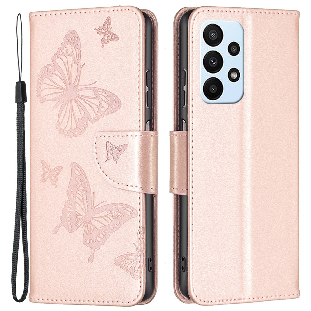 For Samsung Galaxy A23 4G / 5G (Global Version) Butterfly Imprinted Phone Case Anti-Drop PU Leather Wallet Stand Cover with Hand Strap