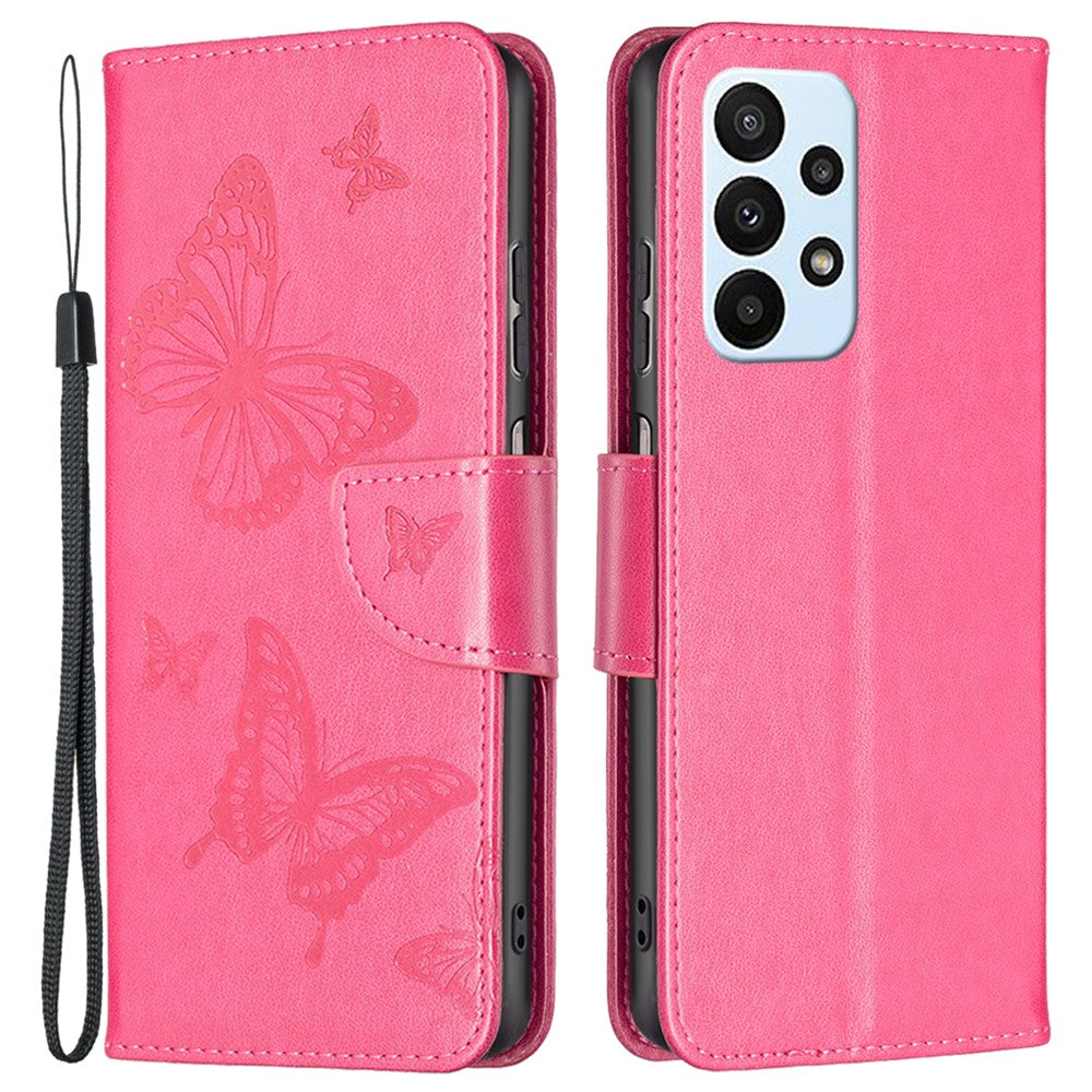For Samsung Galaxy A23 4G / 5G (Global Version) Butterfly Imprinted Phone Case Anti-Drop PU Leather Wallet Stand Cover with Hand Strap