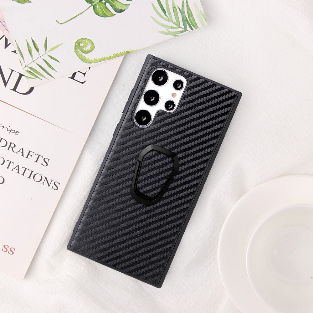 For Samsung Galaxy S22 Ultra 5G Ring Kickstand Anti-fingerprint PU Leather Coated TPU + PC Phone Case Car Mount Holder Shell