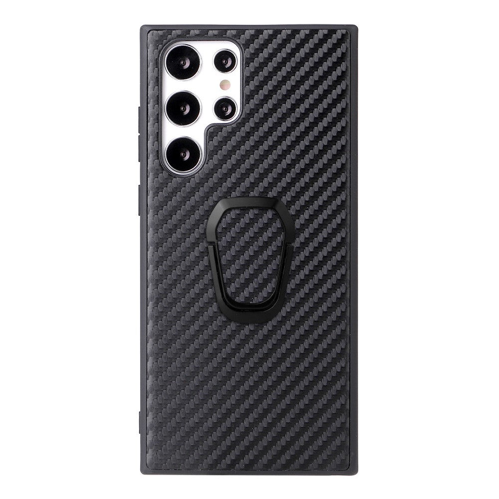 For Samsung Galaxy S22 Ultra 5G Ring Kickstand Anti-fingerprint PU Leather Coated TPU + PC Phone Case Car Mount Holder Shell