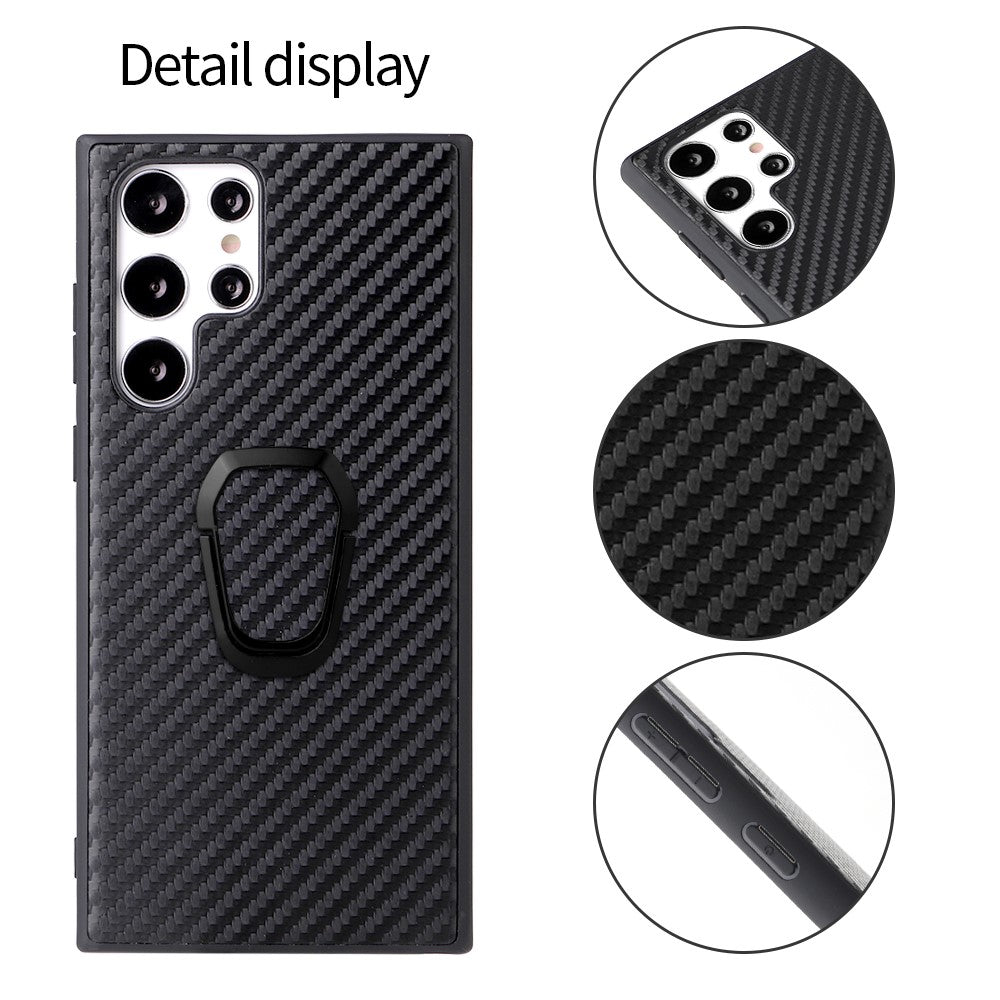 For Samsung Galaxy S22 Ultra 5G Ring Kickstand Anti-fingerprint PU Leather Coated TPU + PC Phone Case Car Mount Holder Shell