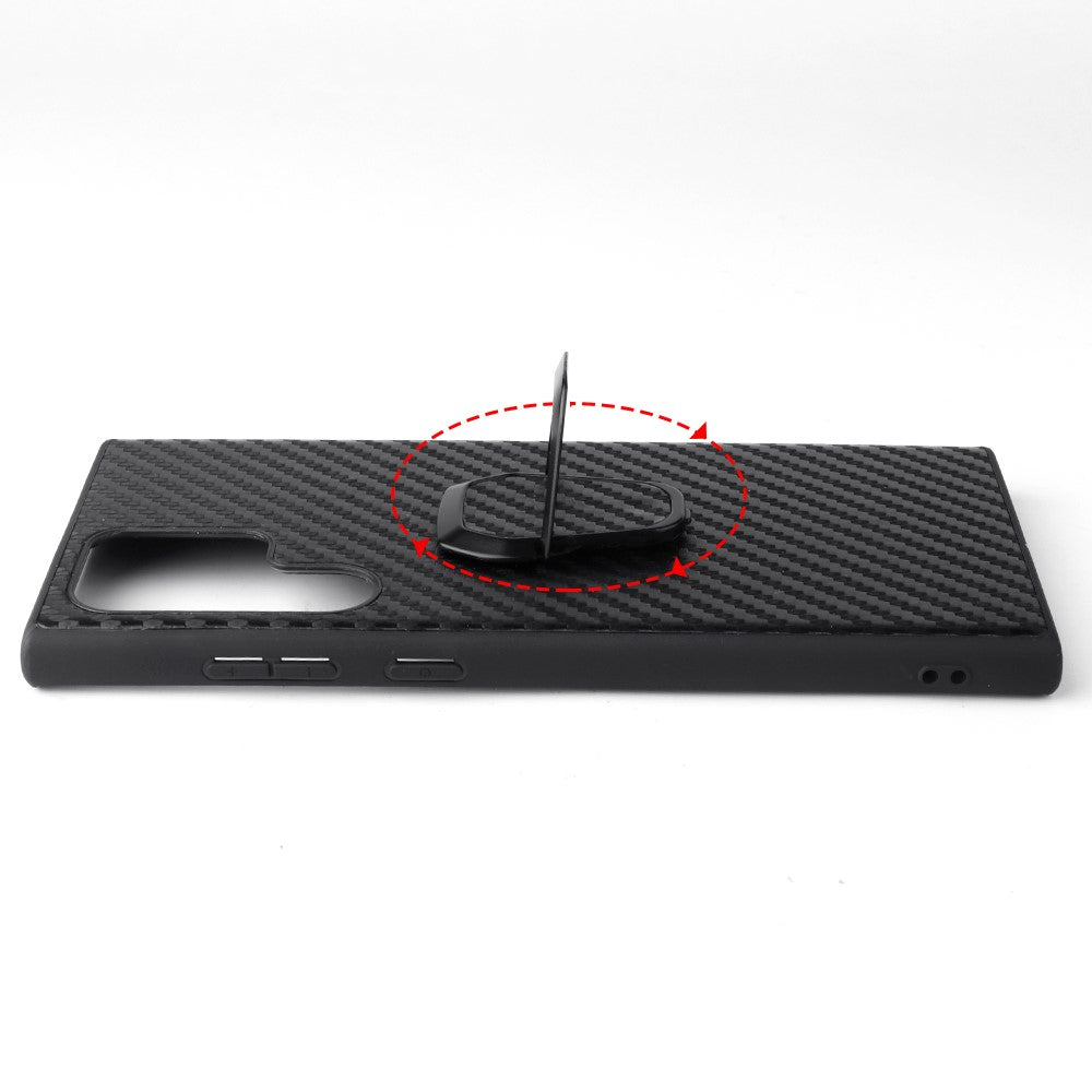 For Samsung Galaxy S22 Ultra 5G Ring Kickstand Anti-fingerprint PU Leather Coated TPU + PC Phone Case Car Mount Holder Shell