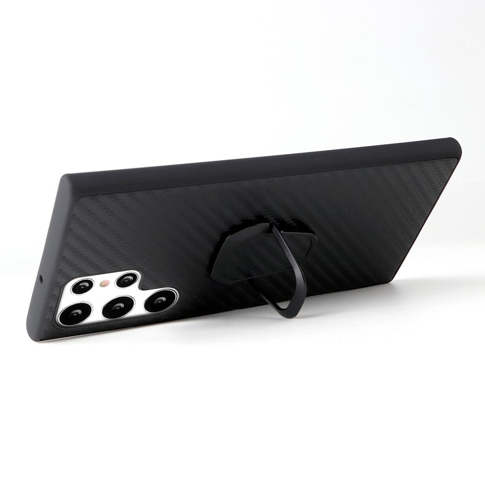 For Samsung Galaxy S22 Ultra 5G Ring Kickstand Anti-fingerprint PU Leather Coated TPU + PC Phone Case Car Mount Holder Shell