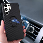 For Samsung Galaxy S22 Ultra 5G Ring Kickstand Anti-fingerprint PU Leather Coated TPU + PC Phone Case Car Mount Holder Shell
